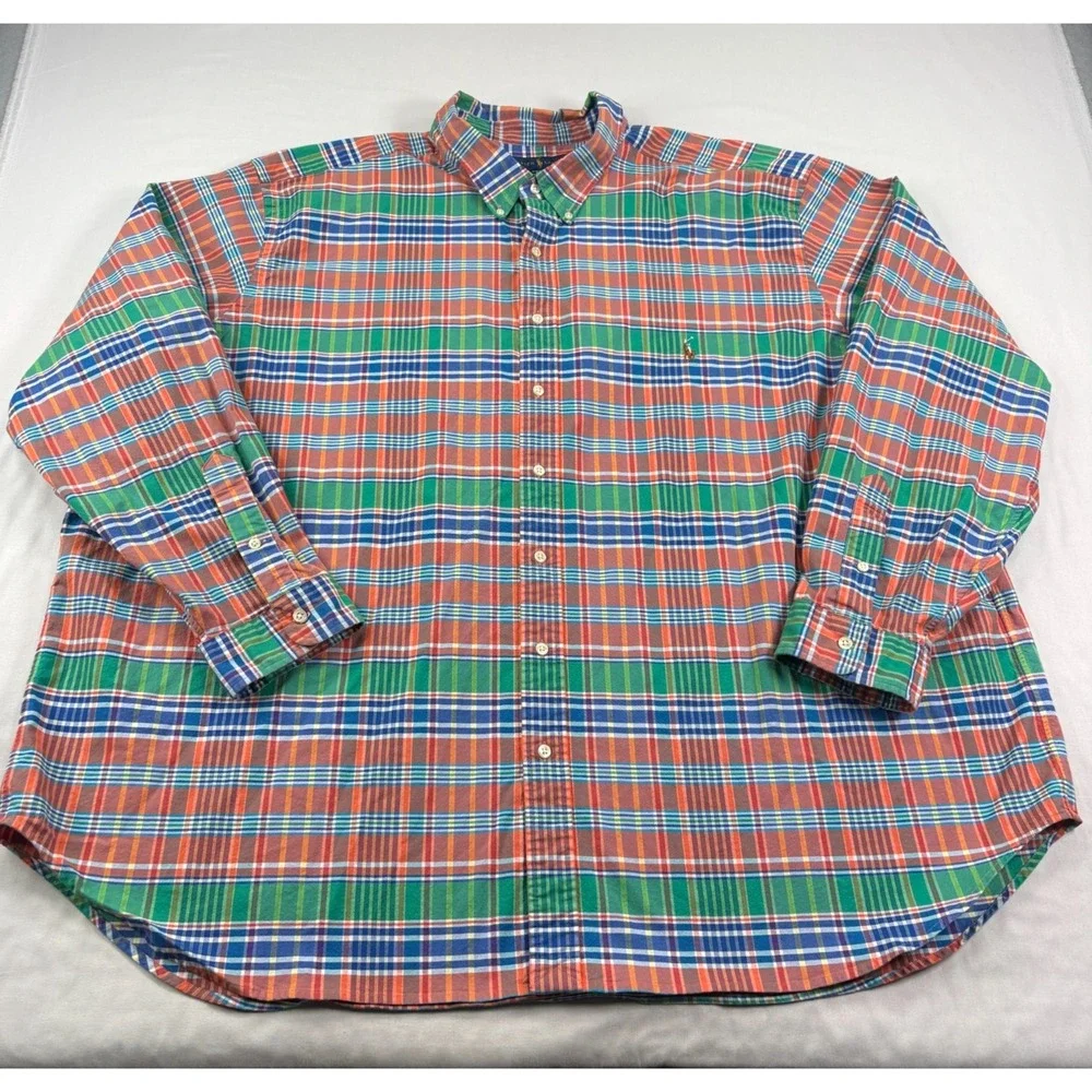 Polo‎ Ralph Lauren Shirt Mens 4XB Big Plaid Stretch Oxford Flesh Pony Button Up